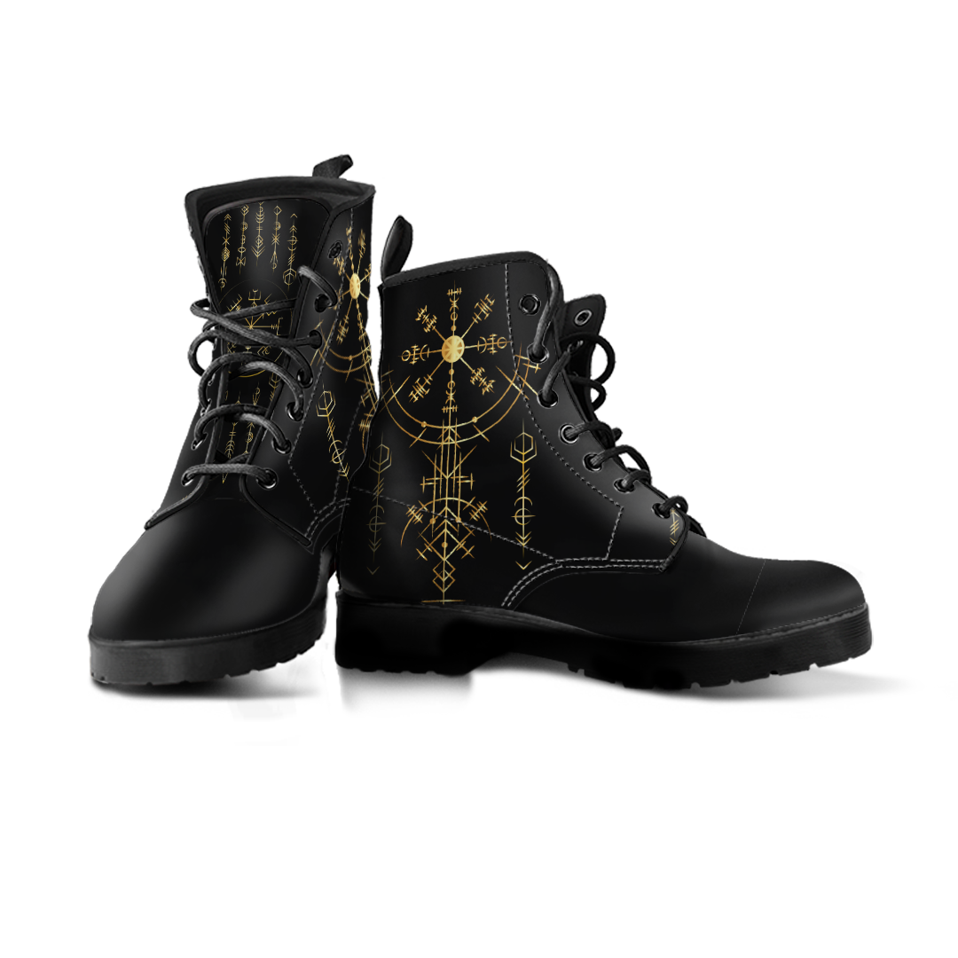 Viking Helm of Awe Gold Art Sherpa Leather Boots LT12