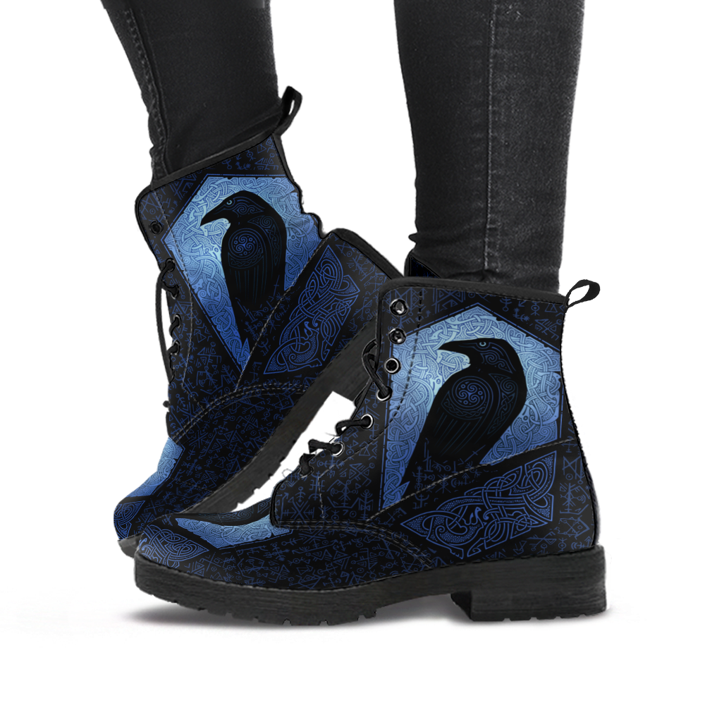 Viking Women's Leather Boots, The Raven Of Odin with Futhark RLT12