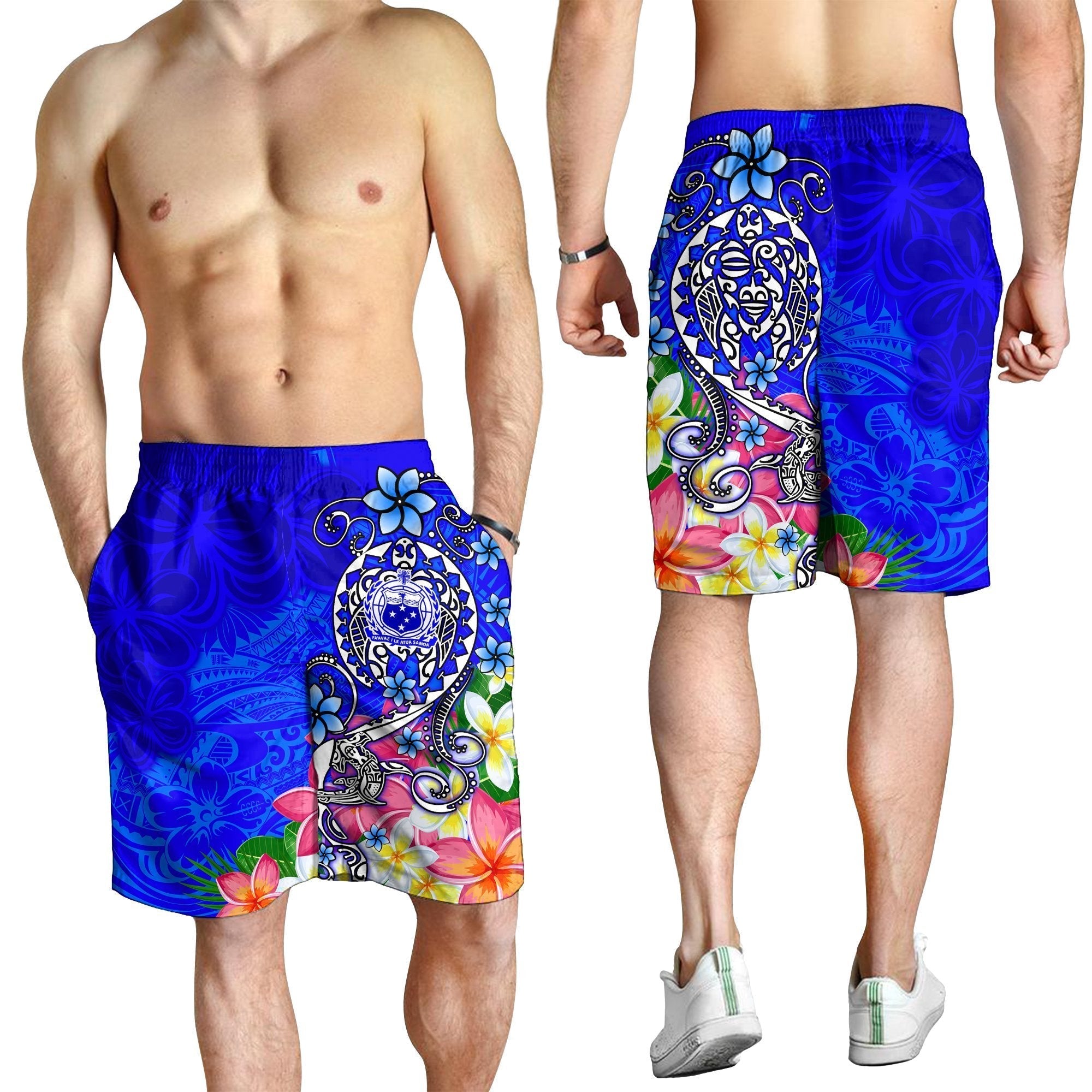 Samoa Men's Shorts - Turtle Plumeria Blue