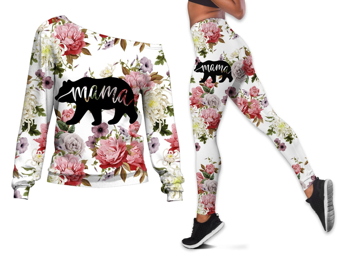 Native American Mama Bear Flower Rose Off shoulder Sweater Leggings Set LT10