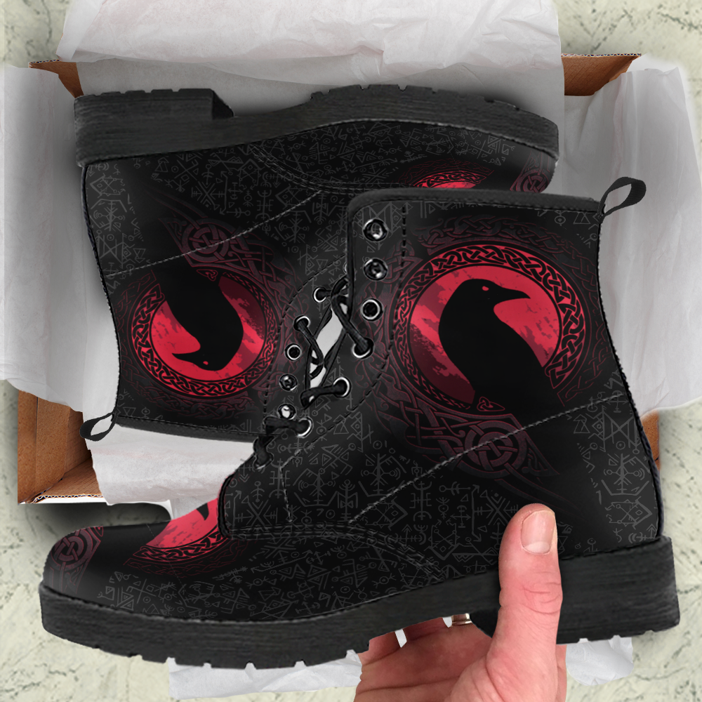 Viking Women's Leather Boots, The Raven Of Odin with Futhark RLT12