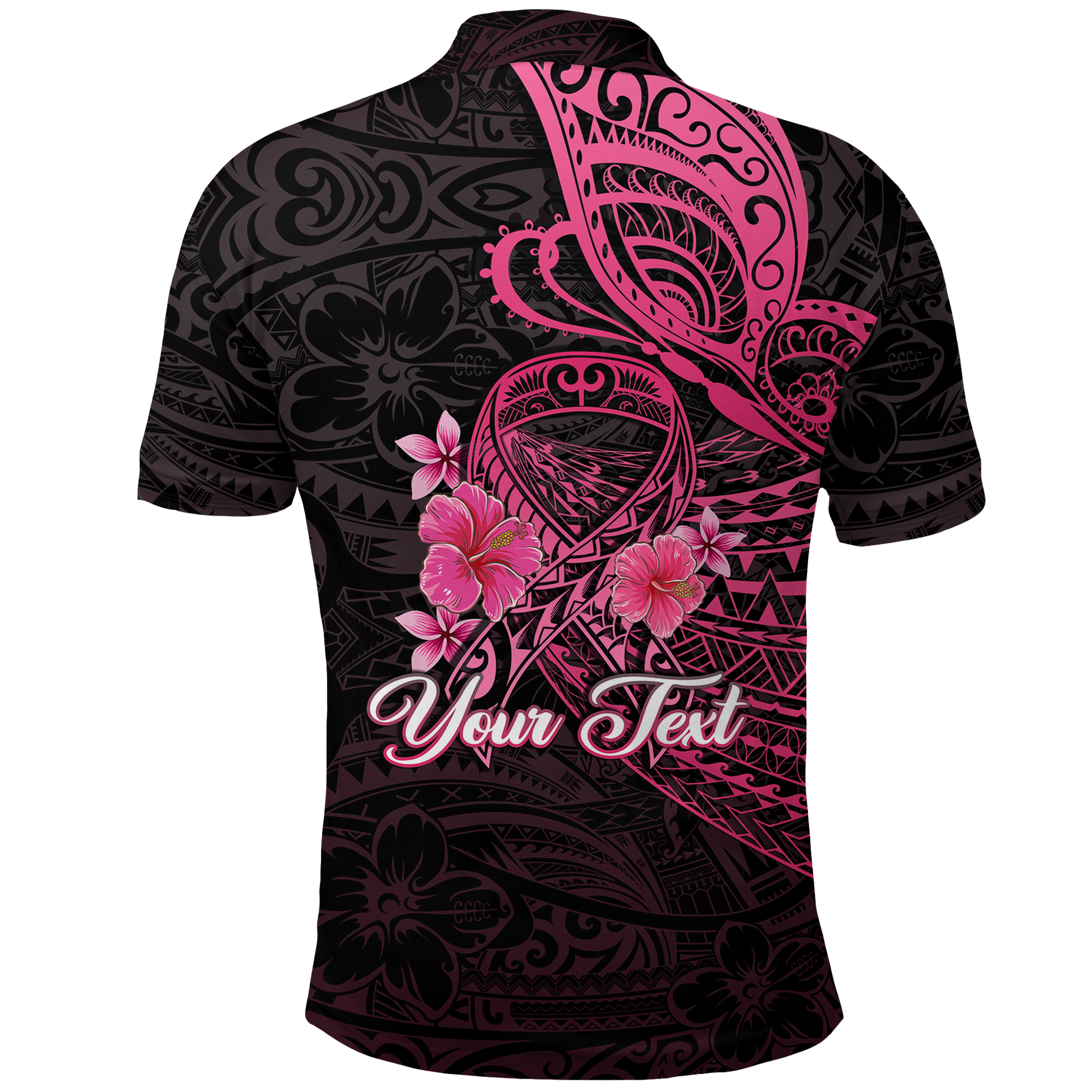 Custom Breast Cancer Pink Ribbon Butterfly Polynesian Black Version Polo Shirt LT12