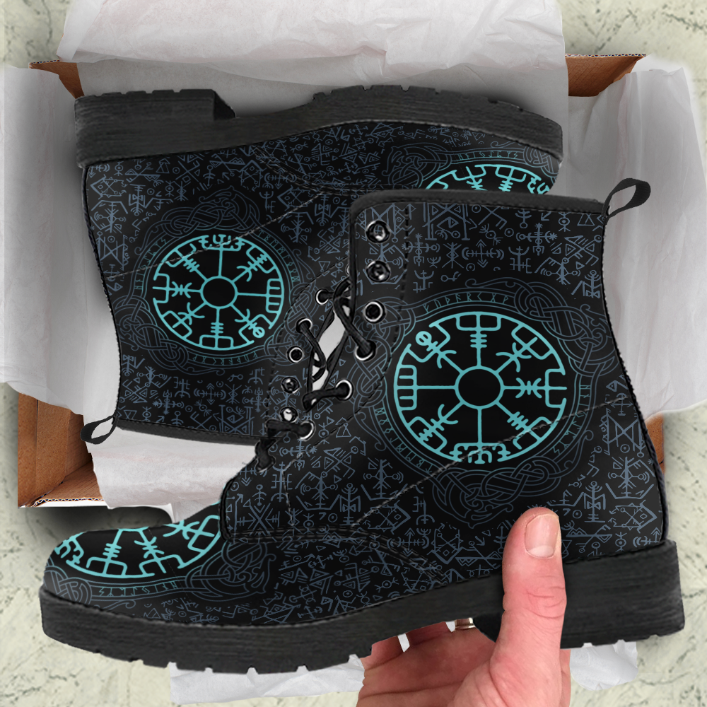 Viking Men's Leather Boots, Vegvisir Symbol and Futhark RLT12