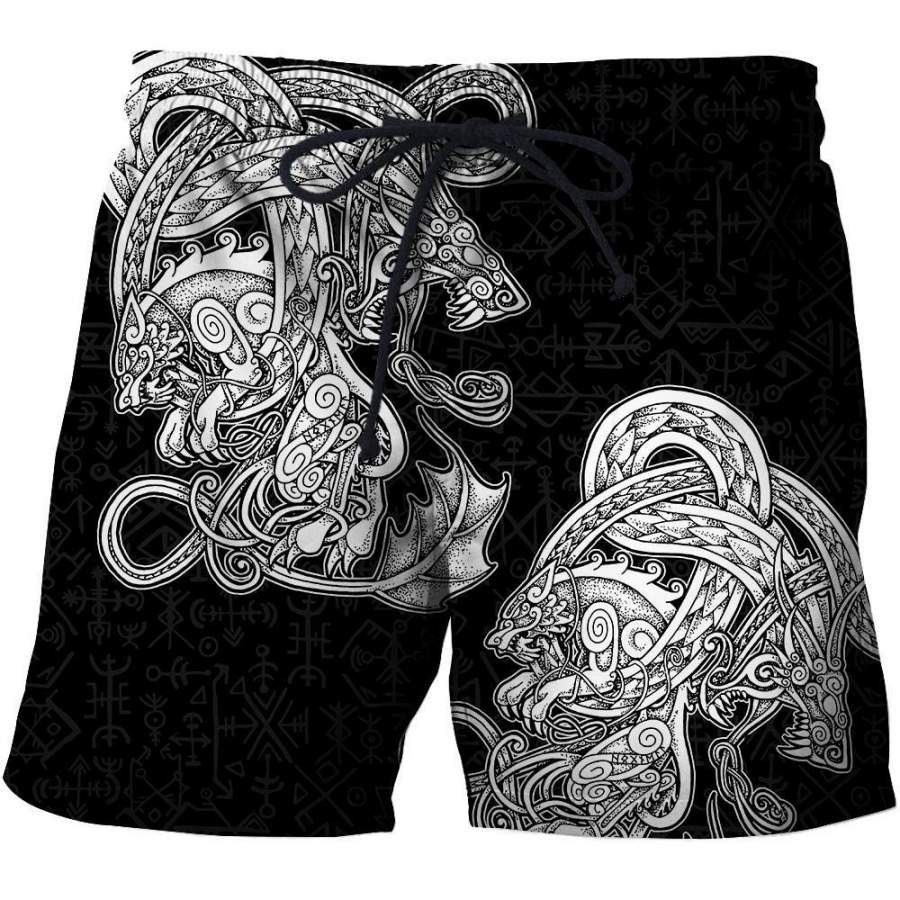 Viking Clothing White Jormungandr and Fenrir Vikings Shorts RLT12