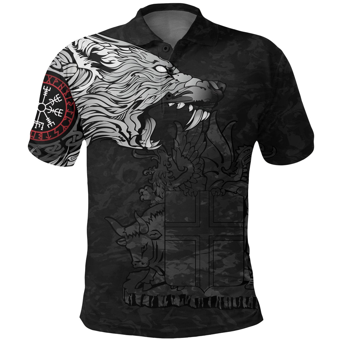 Viking Polo Shirt, Fenrir Wolf and Vegvisir RLT12