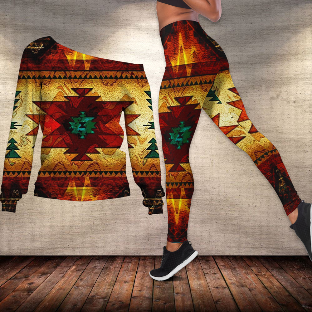 Native American United Tribes Brown Design Off shoulder Sweater Leggings Set LT10