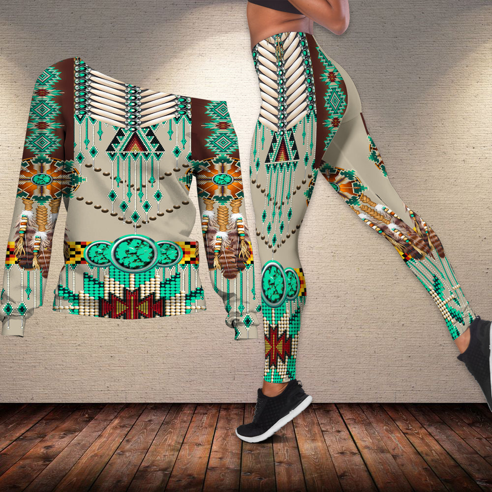 Native American Green Pattern Breastplate Off shoulder Sweater Leggings Set LT10