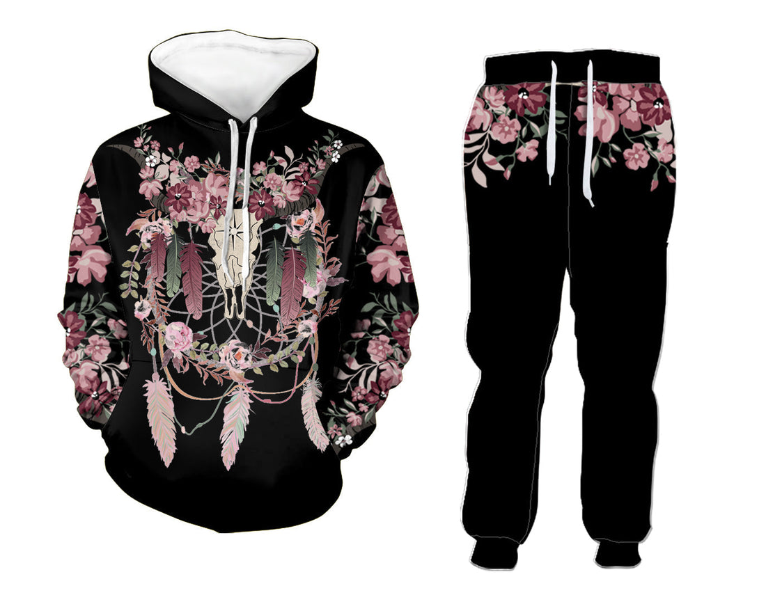 Native American Skull Bison Head With Flowers Hoodie Leggings Set LT10