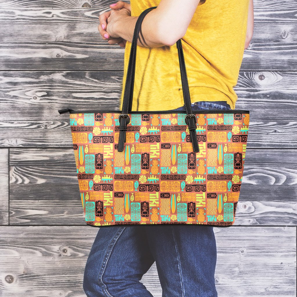 Hawaii Tiki Pattern 04 Leather Tote