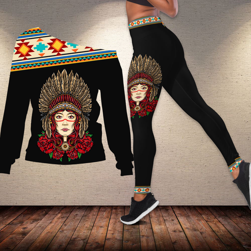 Native American Girl and Flowers Off shoulder Sweater Leggings Set LT10