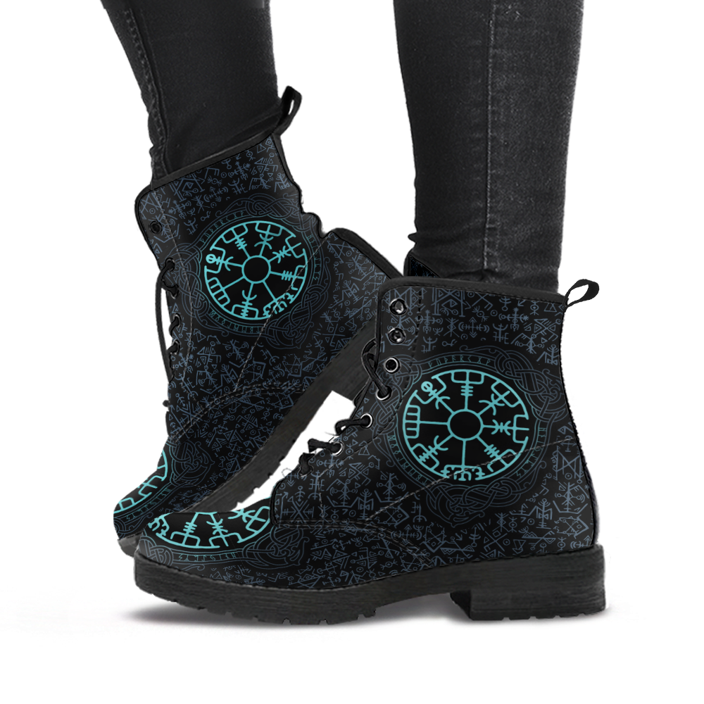 Viking Men's Leather Boots, Vegvisir Symbol and Futhark RLT12