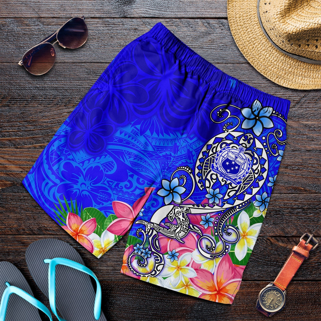 Samoa Men's Shorts - Turtle Plumeria Blue