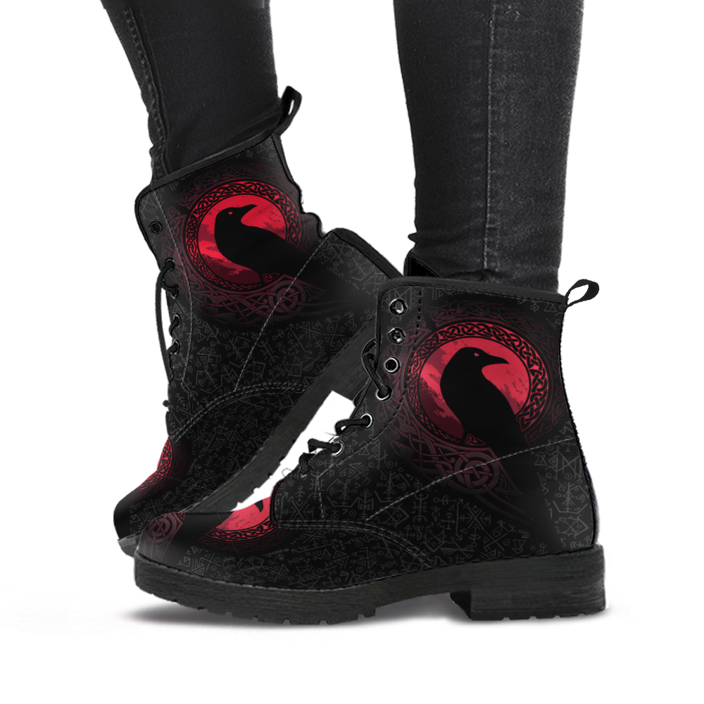 Viking Women's Leather Boots, The Raven Of Odin with Futhark RLT12