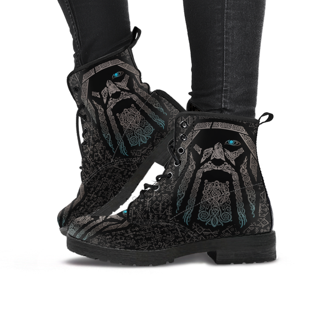 Viking Women's Leather Boots, God Odin Tattoo with Futhark RLT12