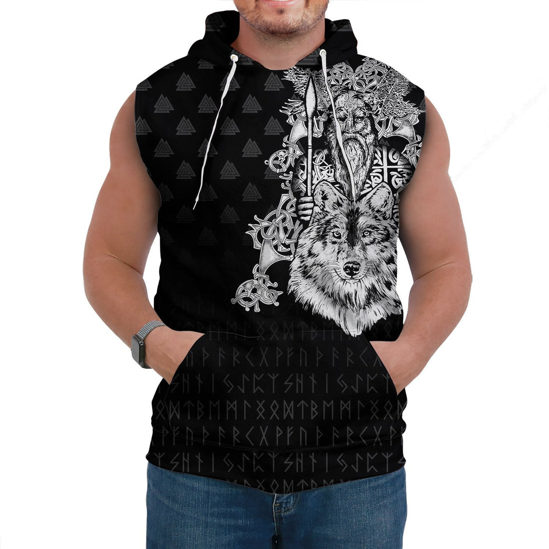 Viking Sleeveless Hoodie - Old Norse Odin Tattoo RLT12