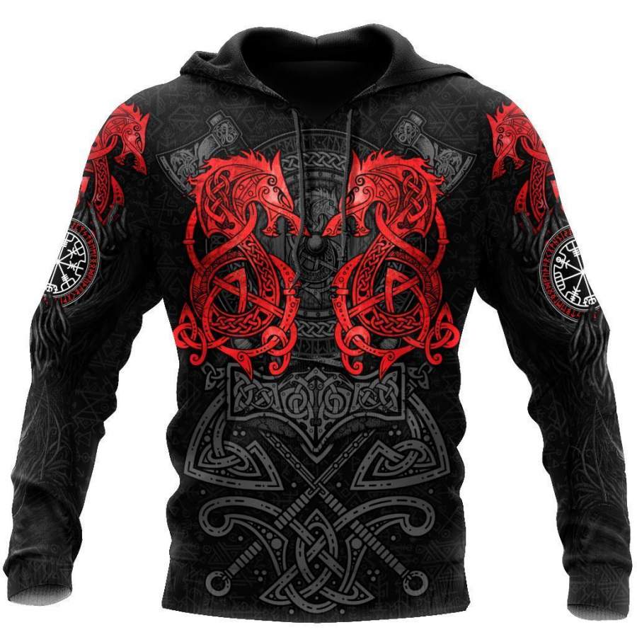 Viking Clothing Red Fenrir Viking Wolf Tattoo Hoodie RLT12