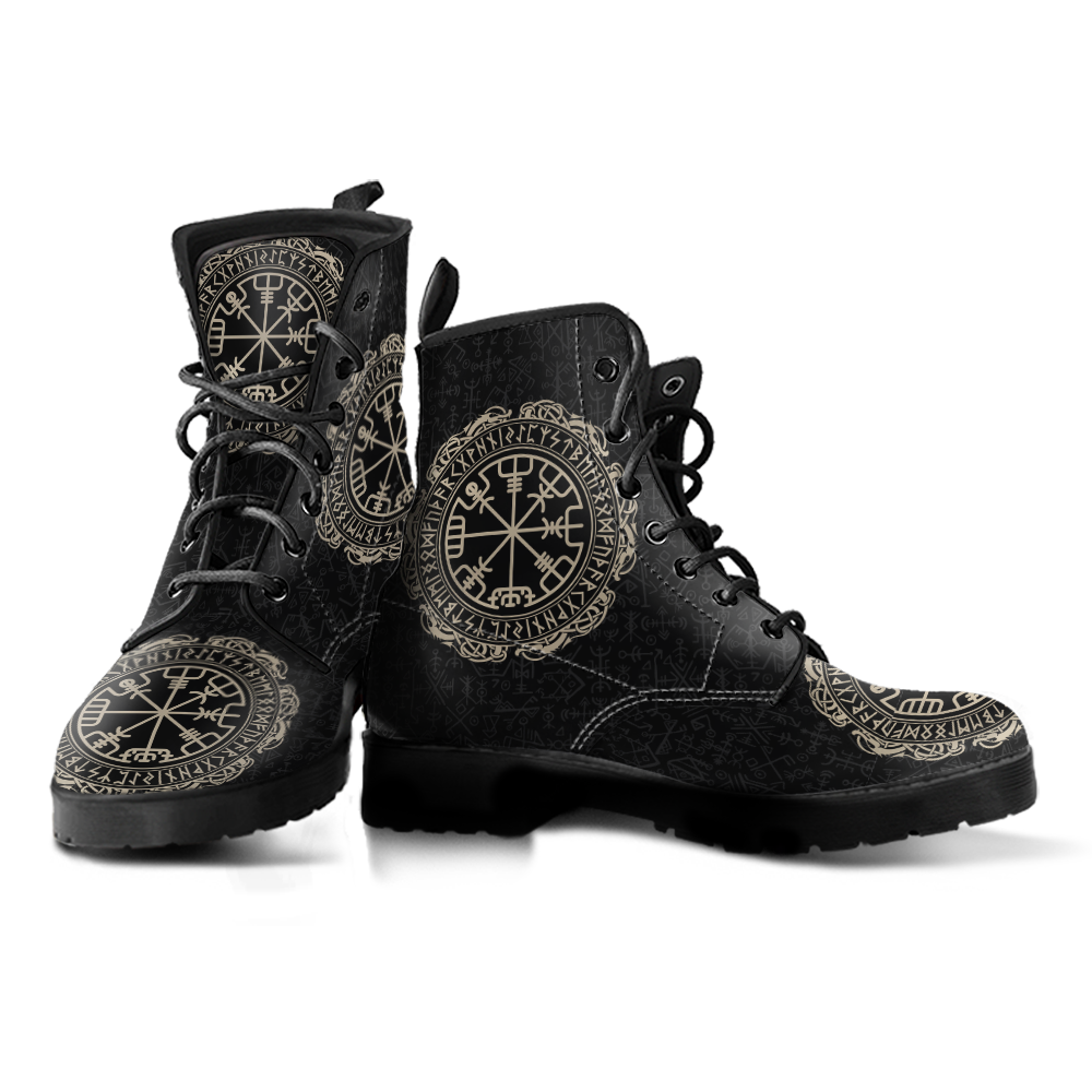 Viking Men's Leather Boots, Vegvisir Symbol Rune Circle with Futhark RLT12