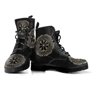 Viking Men's Leather Boots, Vegvisir Symbol Rune Circle with Futhark RLT12