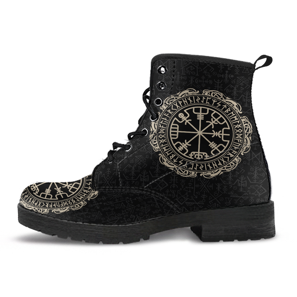 Viking Men's Leather Boots, Vegvisir Symbol Rune Circle with Futhark RLT12