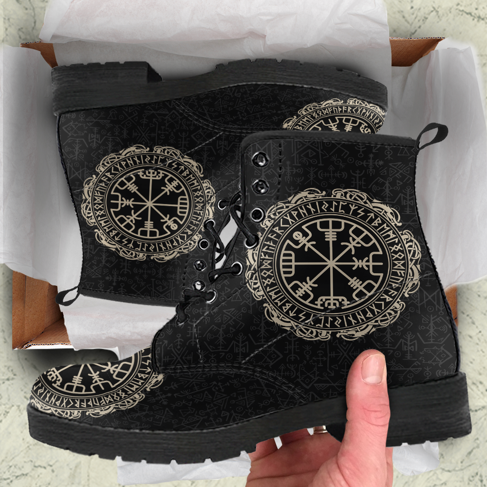 Viking Men's Leather Boots, Vegvisir Symbol Rune Circle with Futhark RLT12