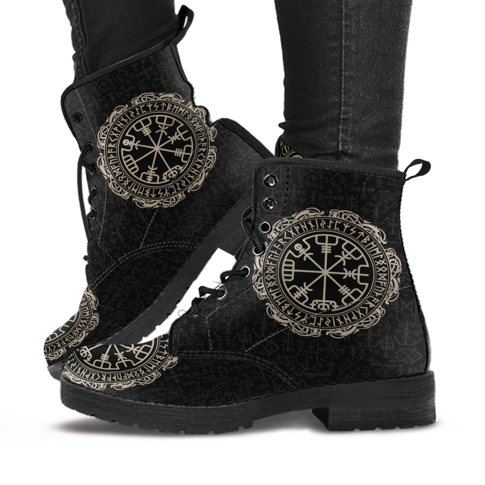 Viking Men's Leather Boots, Vegvisir Symbol Rune Circle with Futhark RLT12