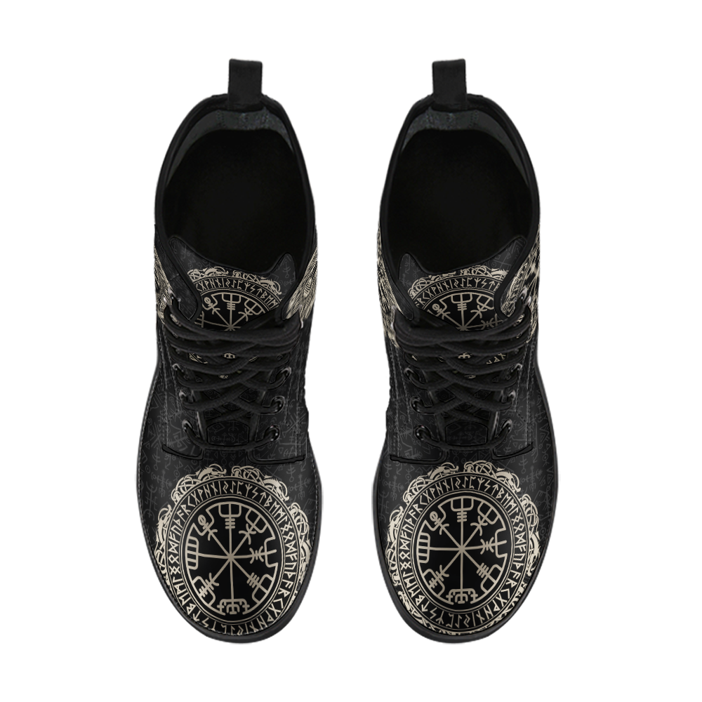 Viking Men's Leather Boots, Vegvisir Symbol Rune Circle with Futhark RLT12