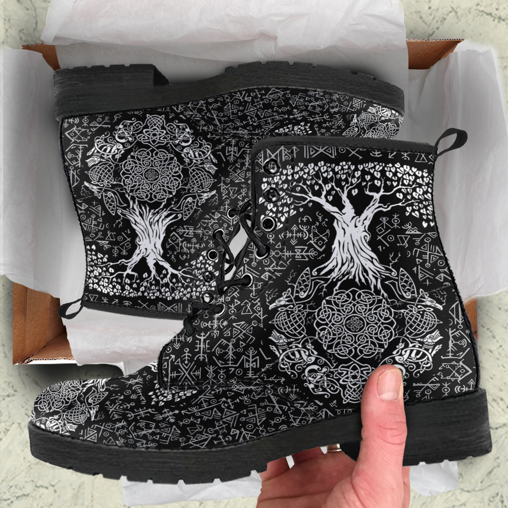 Viking Women's Leather Boots, Tree Of Life Celtic Knot with Futhark RLT12