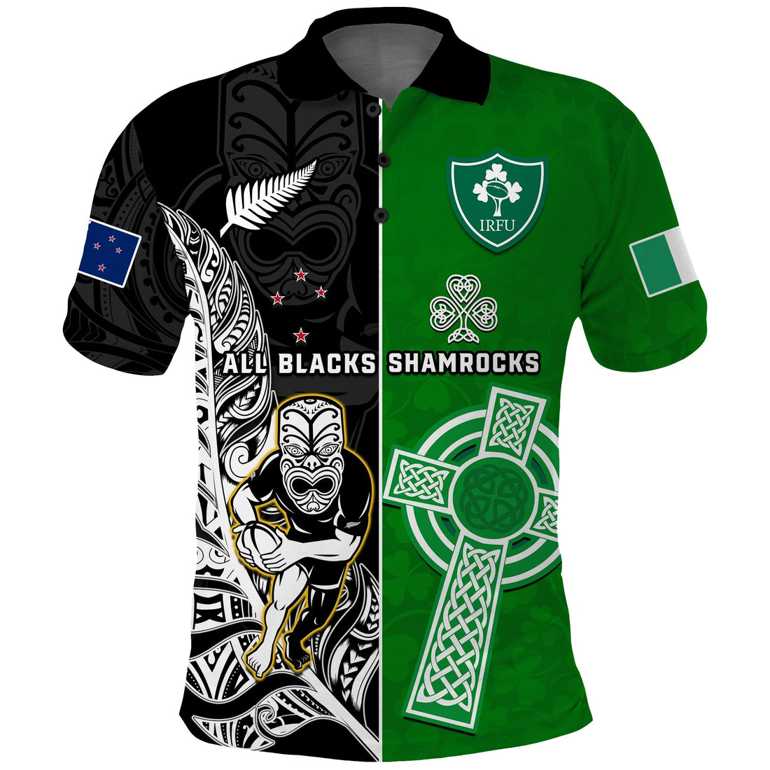 Custom New Zealand Ireland Rugby Polo Shirt All Black Maori Mix Shamrocks LT14