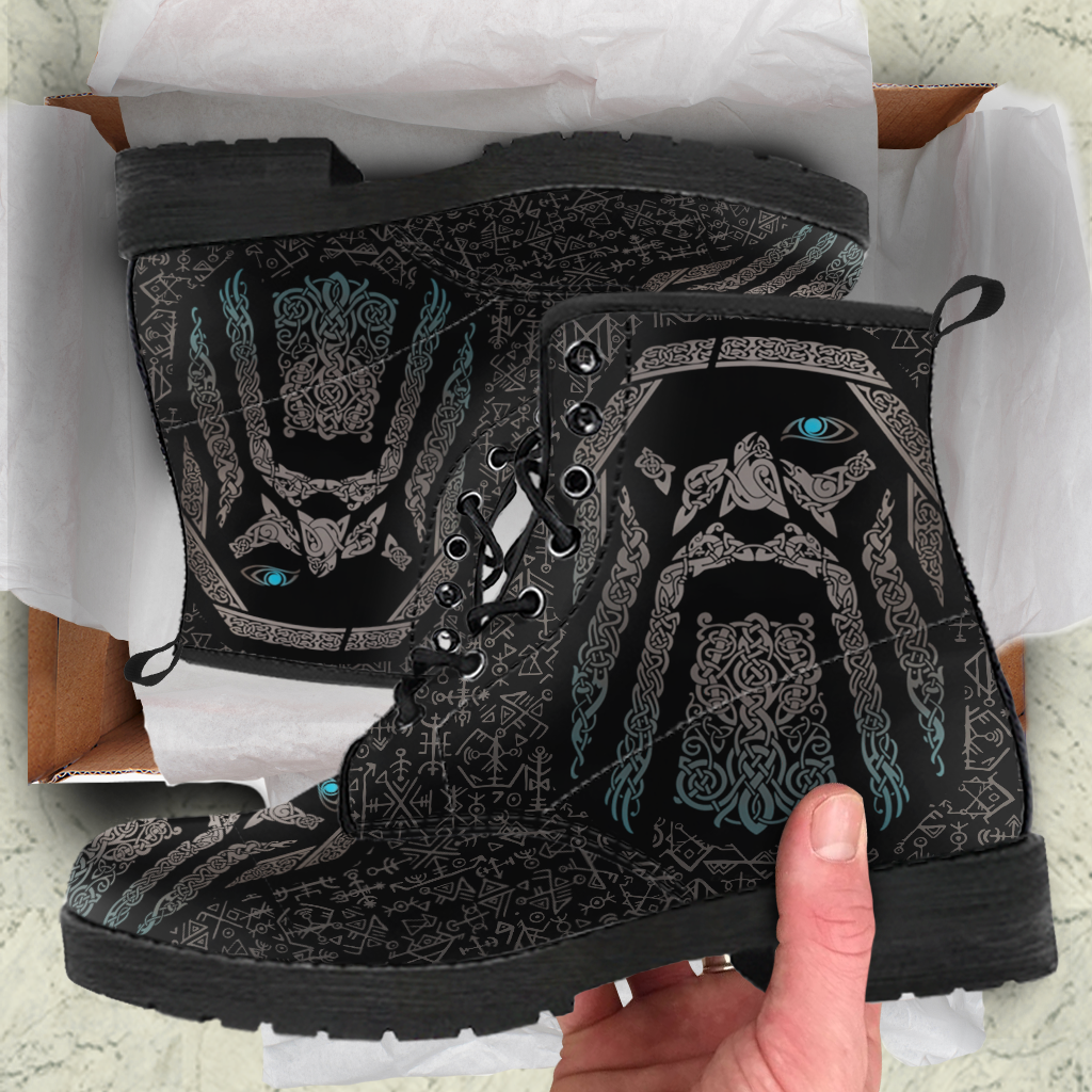 Viking Women's Leather Boots, God Odin Tattoo with Futhark RLT12