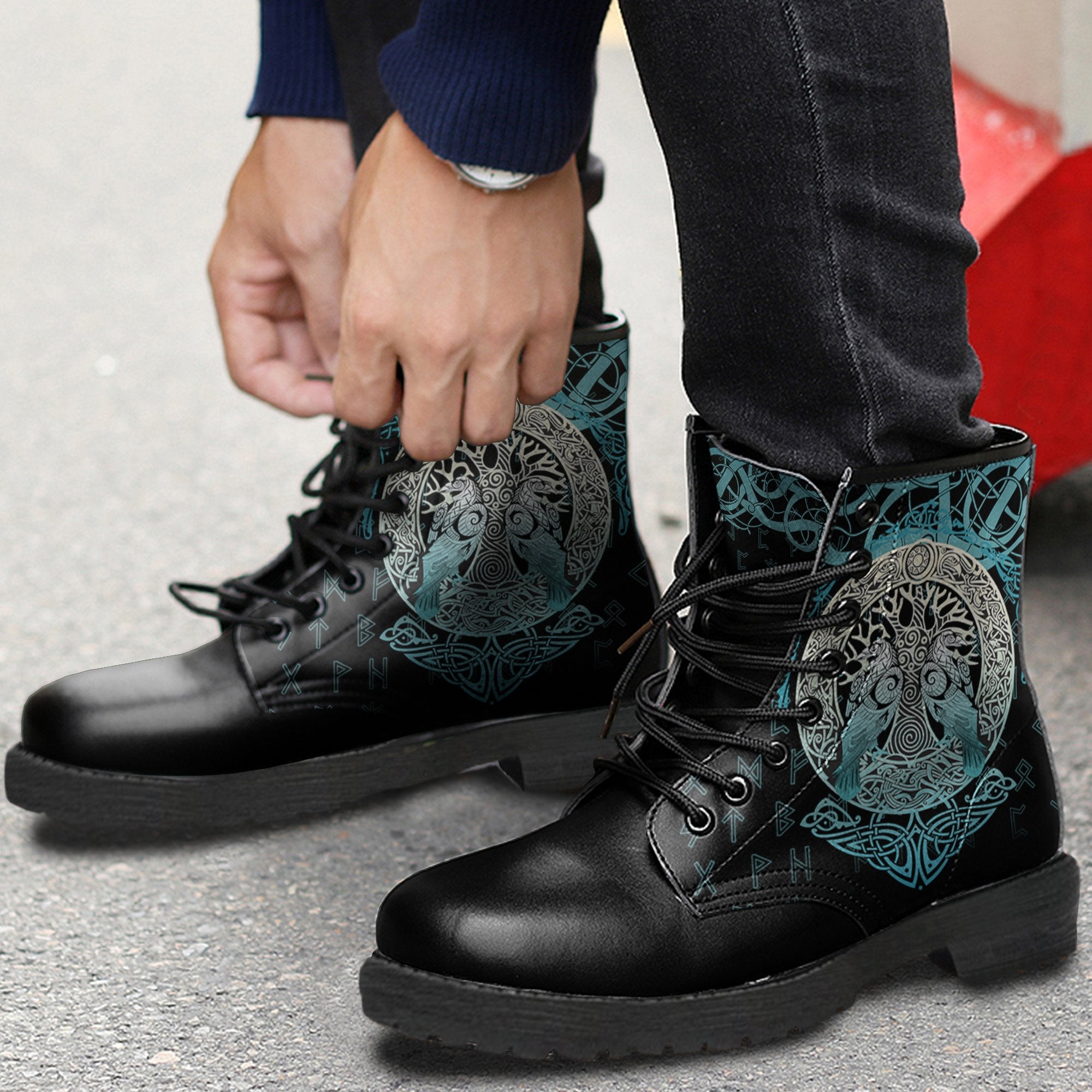 Viking Leather Boots Yggdrasil and Ravens RLT12