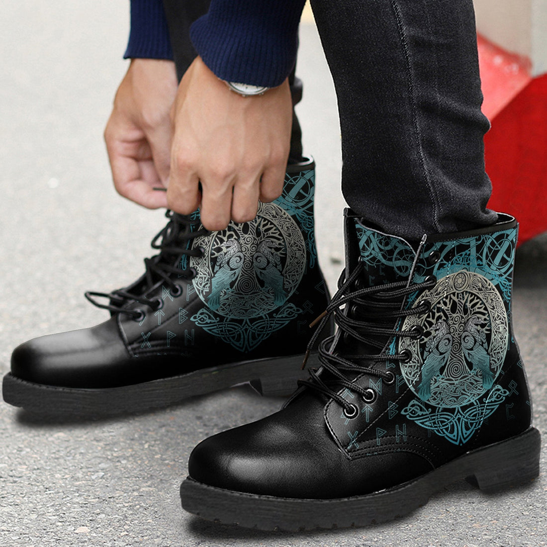 Viking Leather Boots Yggdrasil and Ravens RLT12