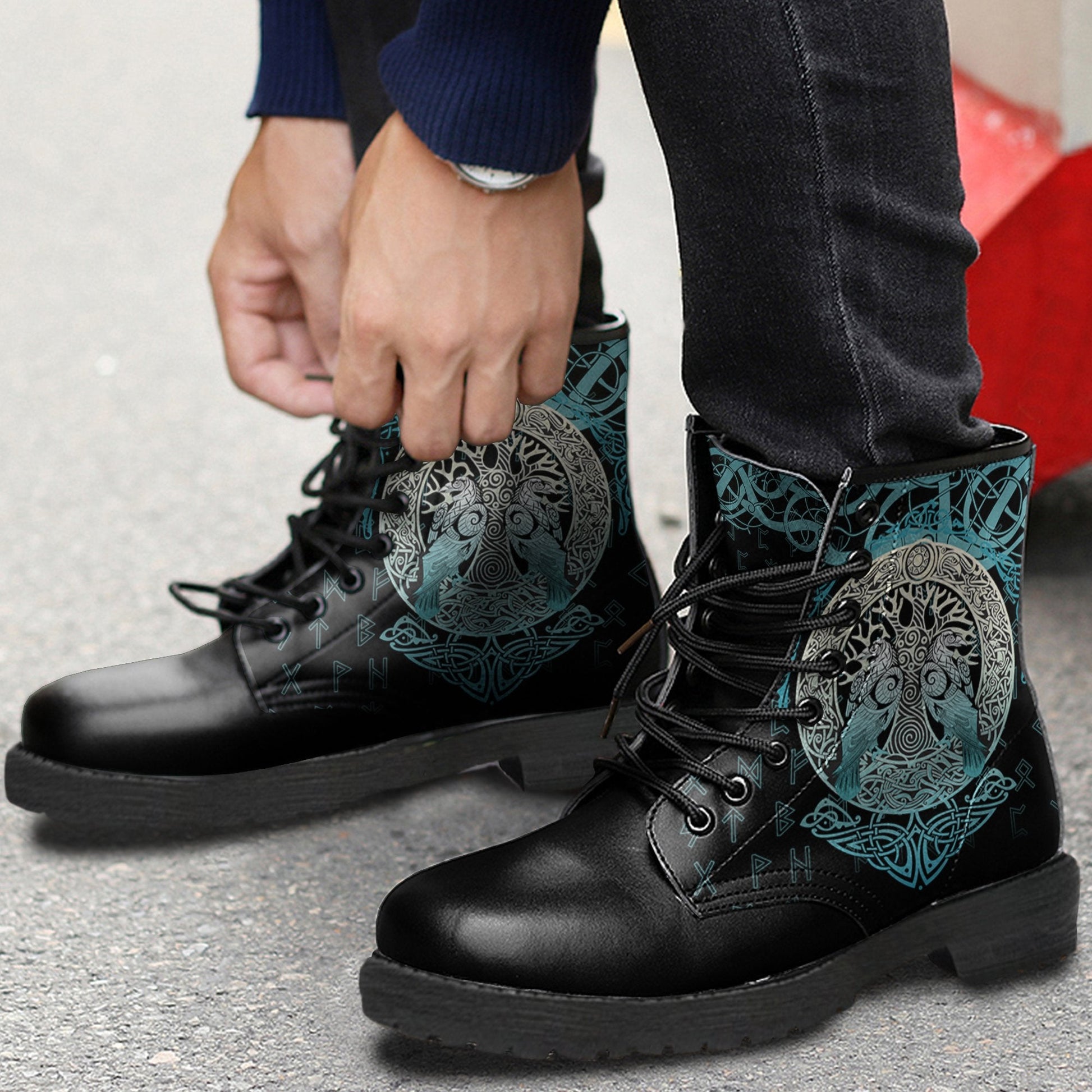 Viking Leather Boots Yggdrasil and Ravens RLT12