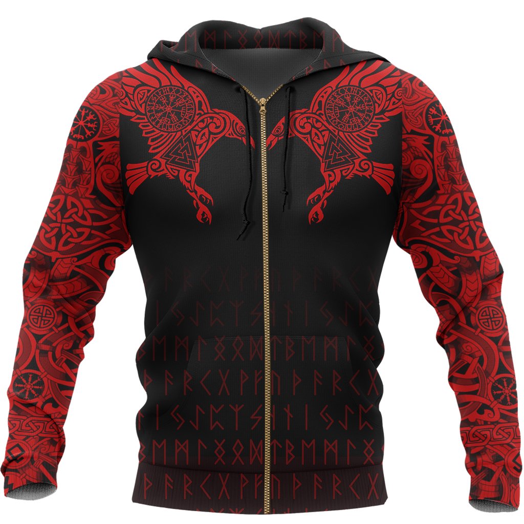 Viking Hoodie The Raven Of Odin Tattoo Special Red (Zip) RLT12