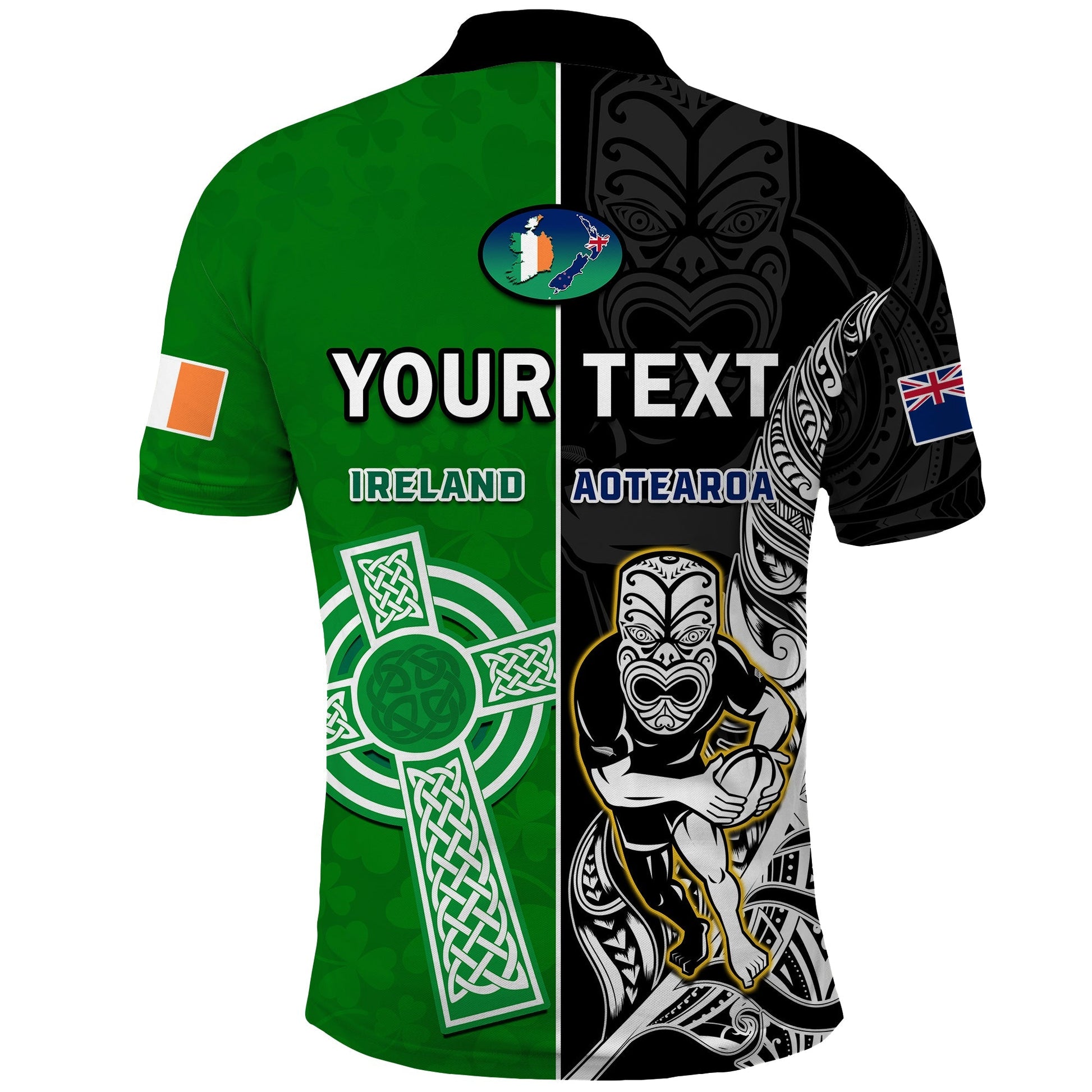 Custom New Zealand Ireland Rugby Polo Shirt All Black Maori Mix Shamrocks LT14