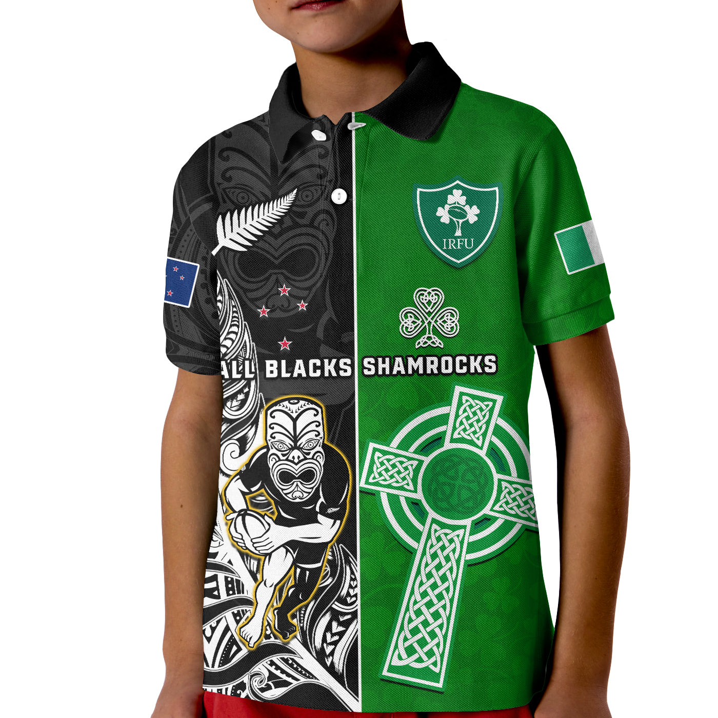 Custom New Zealand Ireland Rugby Polo Shirt All Black Maori Mix Shamrocks LT14