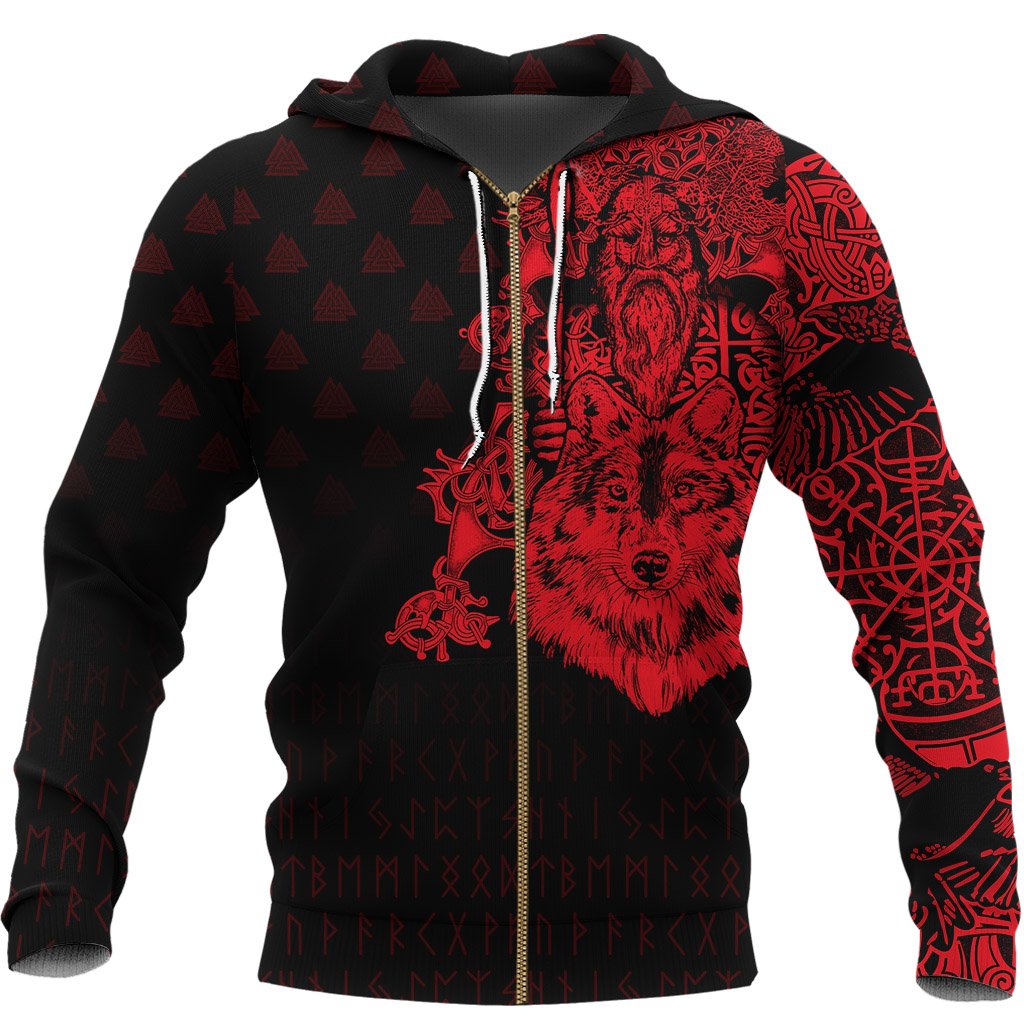 Viking Zip Hoodie - Old Norse Odin Tattoo - Red RLT12