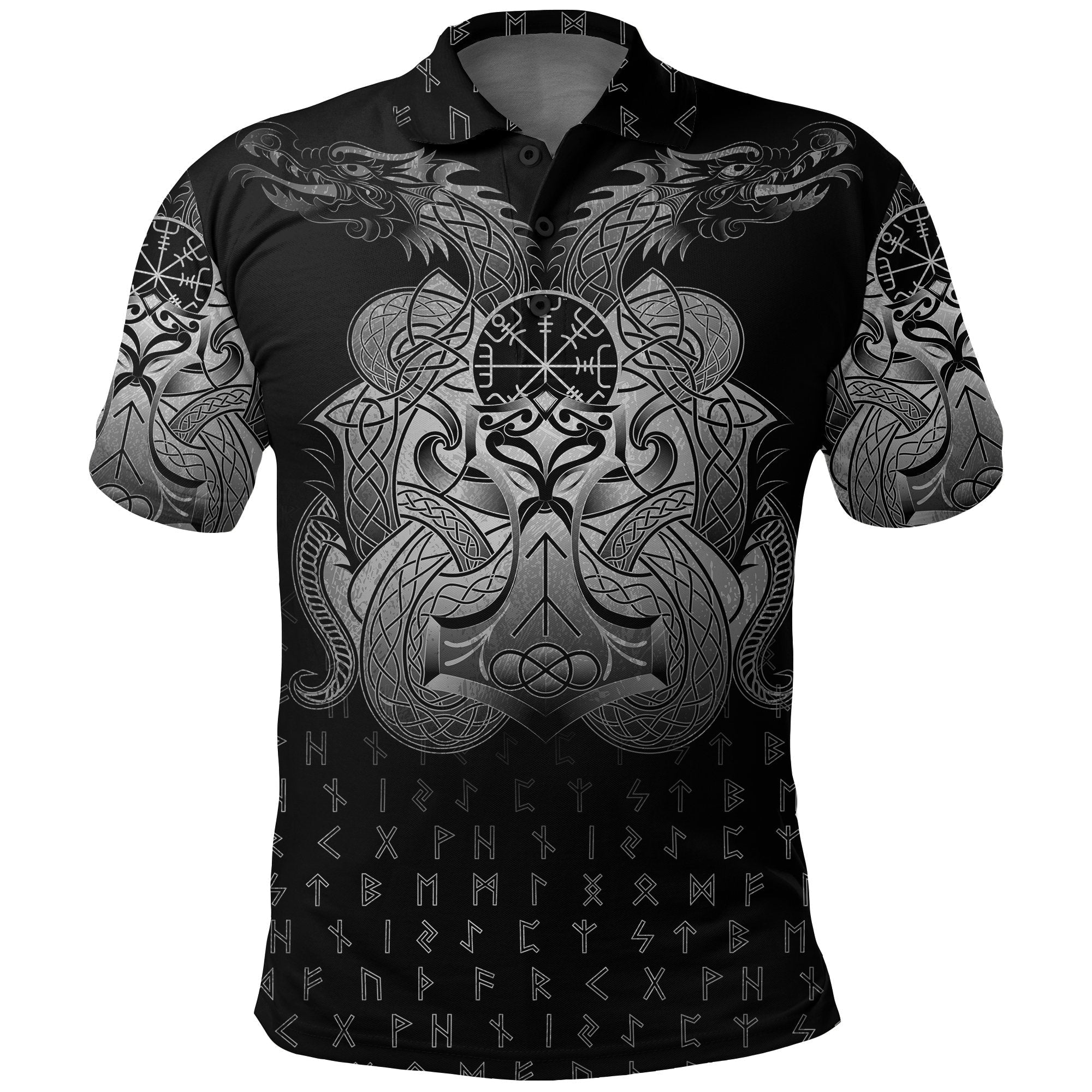 Viking Polo Shirt Vegvisir Mjolnir and Dragon Norse Tattoo RLT12