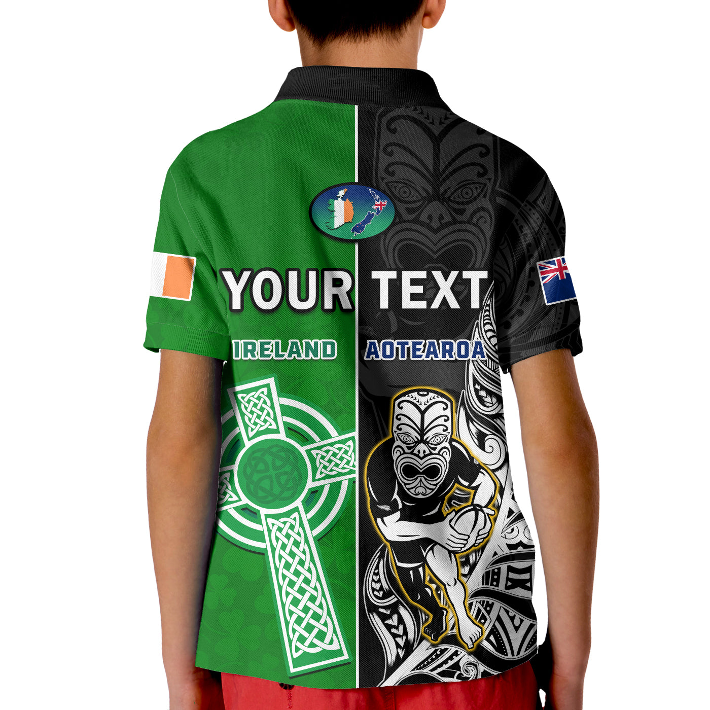 Custom New Zealand Ireland Rugby Polo Shirt All Black Maori Mix Shamrocks LT14