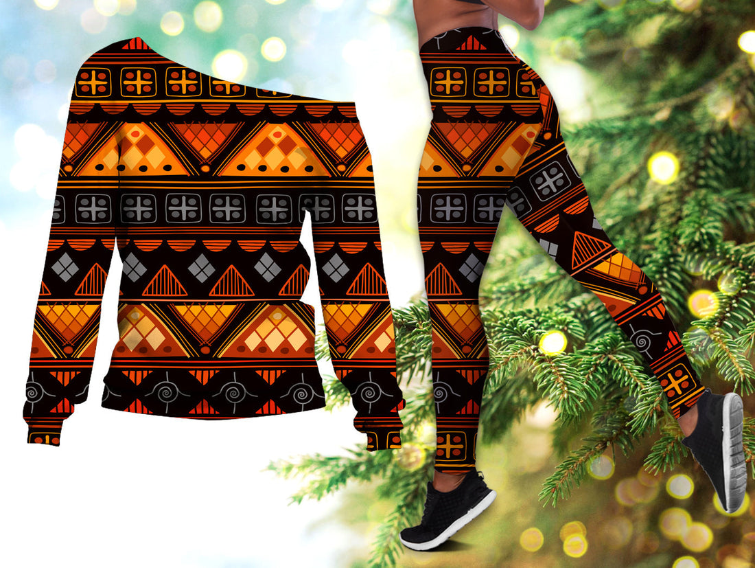 Pattern Orange Native American Off shoulder Sweater Leggings Set LT10