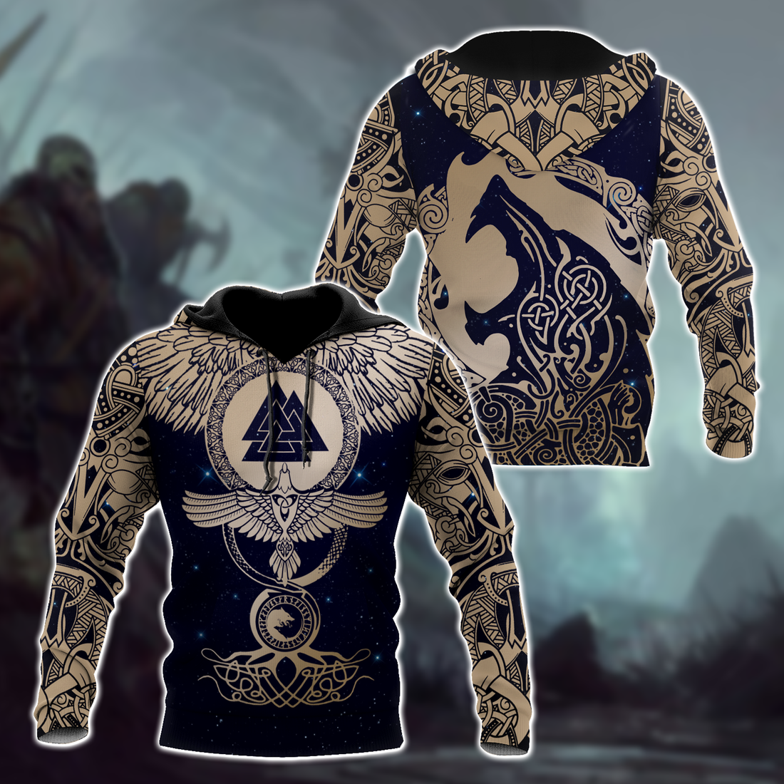 Viking Clothing Viking Wolf and Ravens Hoodie RLT12