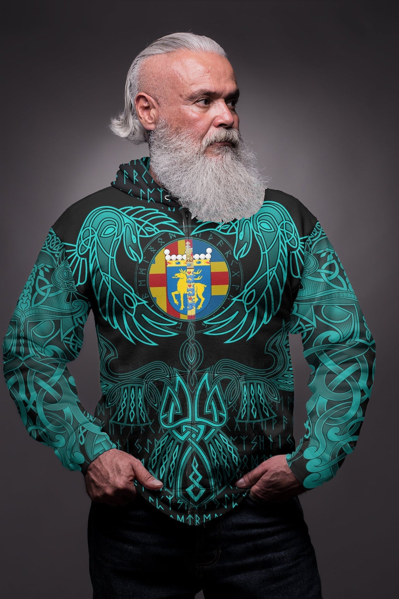 Viking Aaland Islands Zip Hoodie Valknut of Odin Cyan RLT12