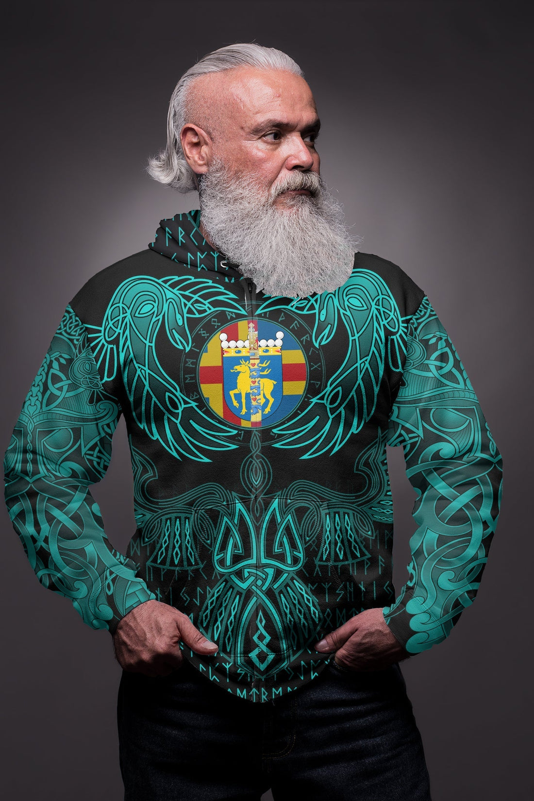 Viking Aaland Islands Zip Hoodie Valknut of Odin Cyan RLT12