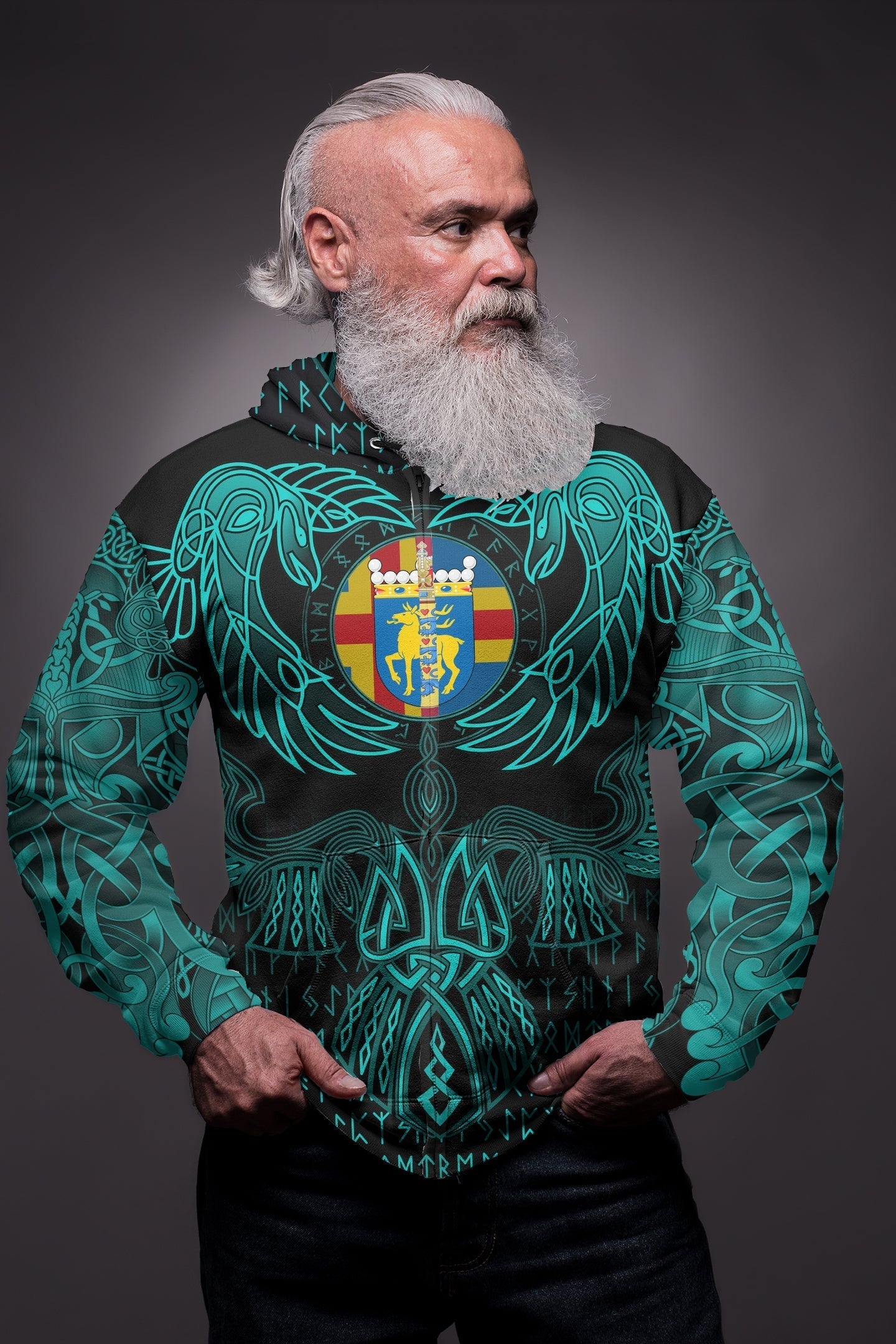 Viking Aaland Islands Zip Hoodie Valknut of Odin Cyan RLT12