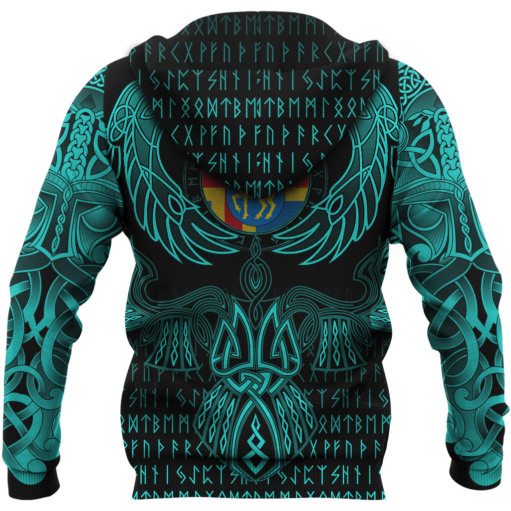 Viking Aaland Islands Hoodie Valknut of Odin Cyan RLT12