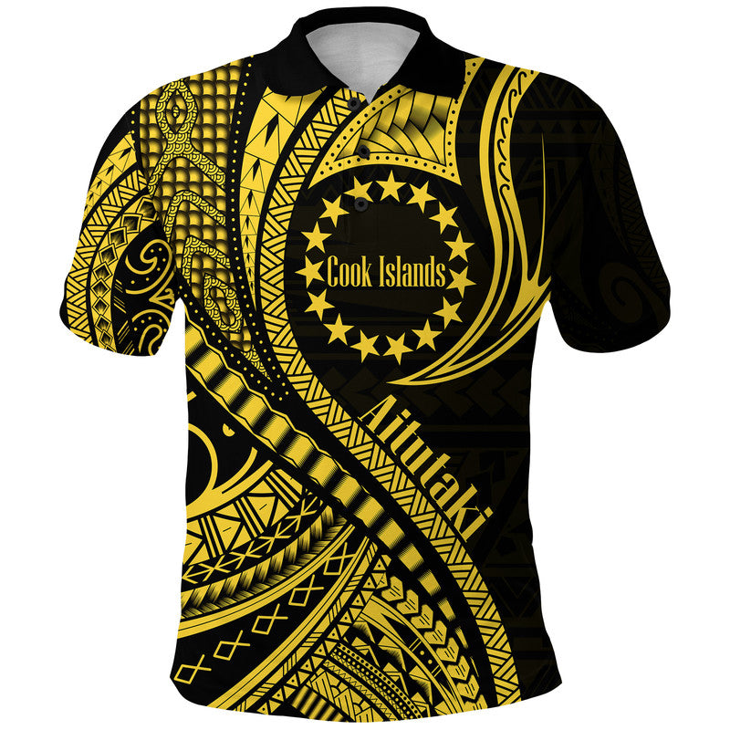 Aitutaki Cook Islands Polo Shirt Gold Polynesian Wave Style LT9