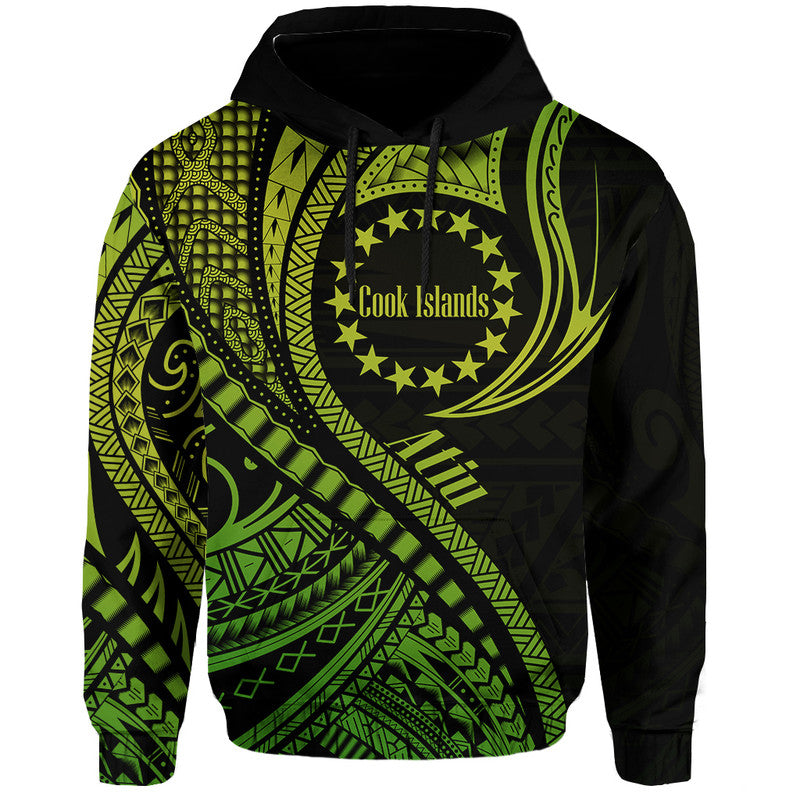 Custom Personalised Atiu Cook Islands Hoodie Green Polynesian Wave Style LT9