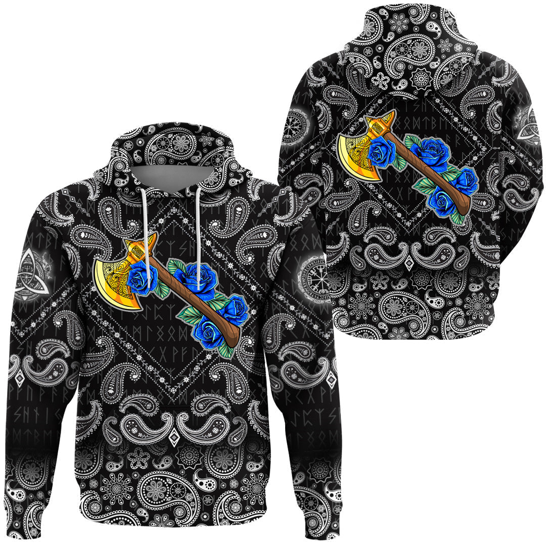 Viking Hoodie Axe With Roses with Bandana Paisley Style RLT12