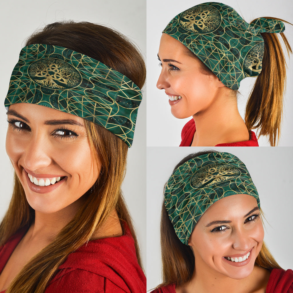 Viking Bandana Tree Of Life with Triquetra Malachite and Gold Bandana RLT12