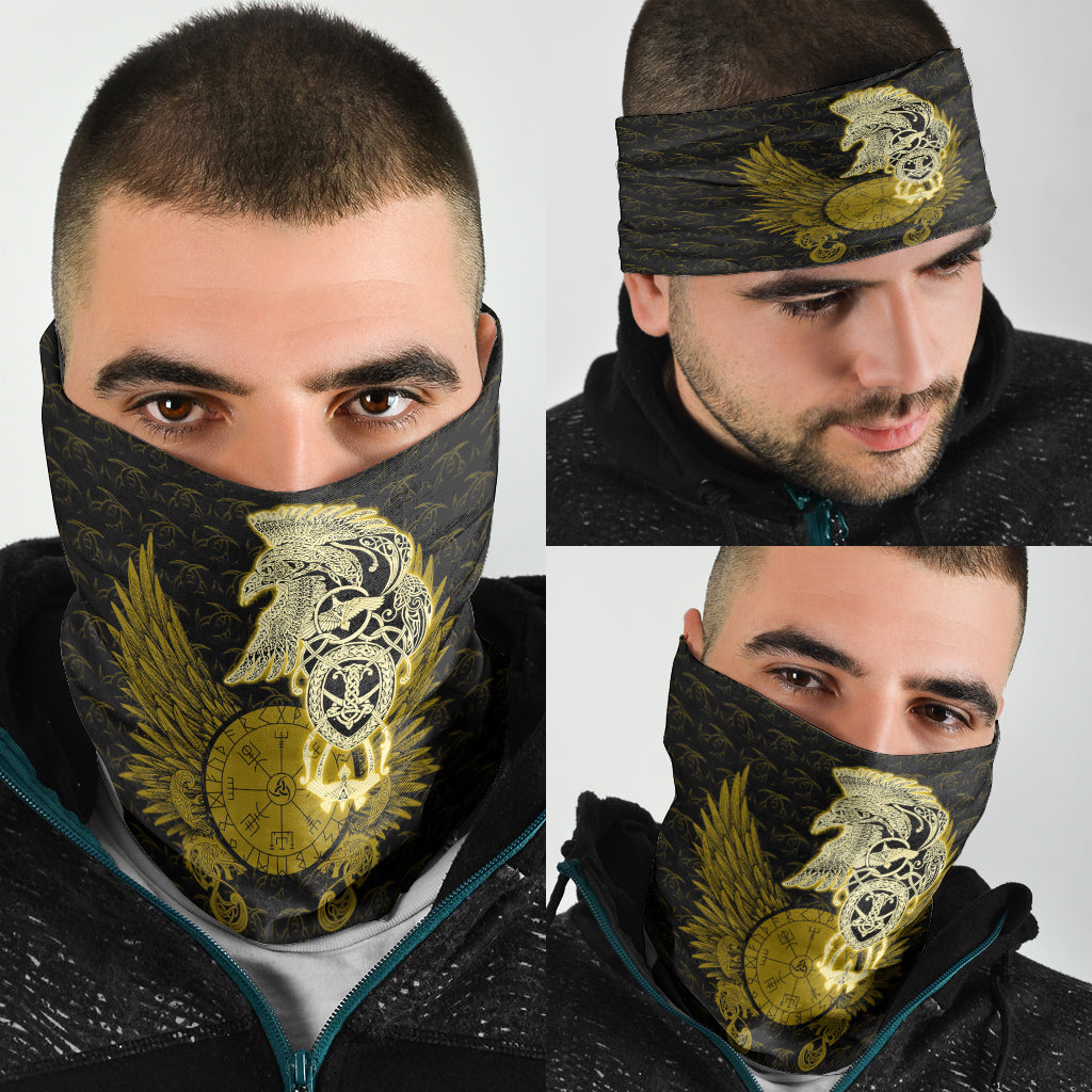 Wonder Print Neck Gaiter - Viking Raven Of Runic Compass Valknut Pattern Gold Neck Gaiter