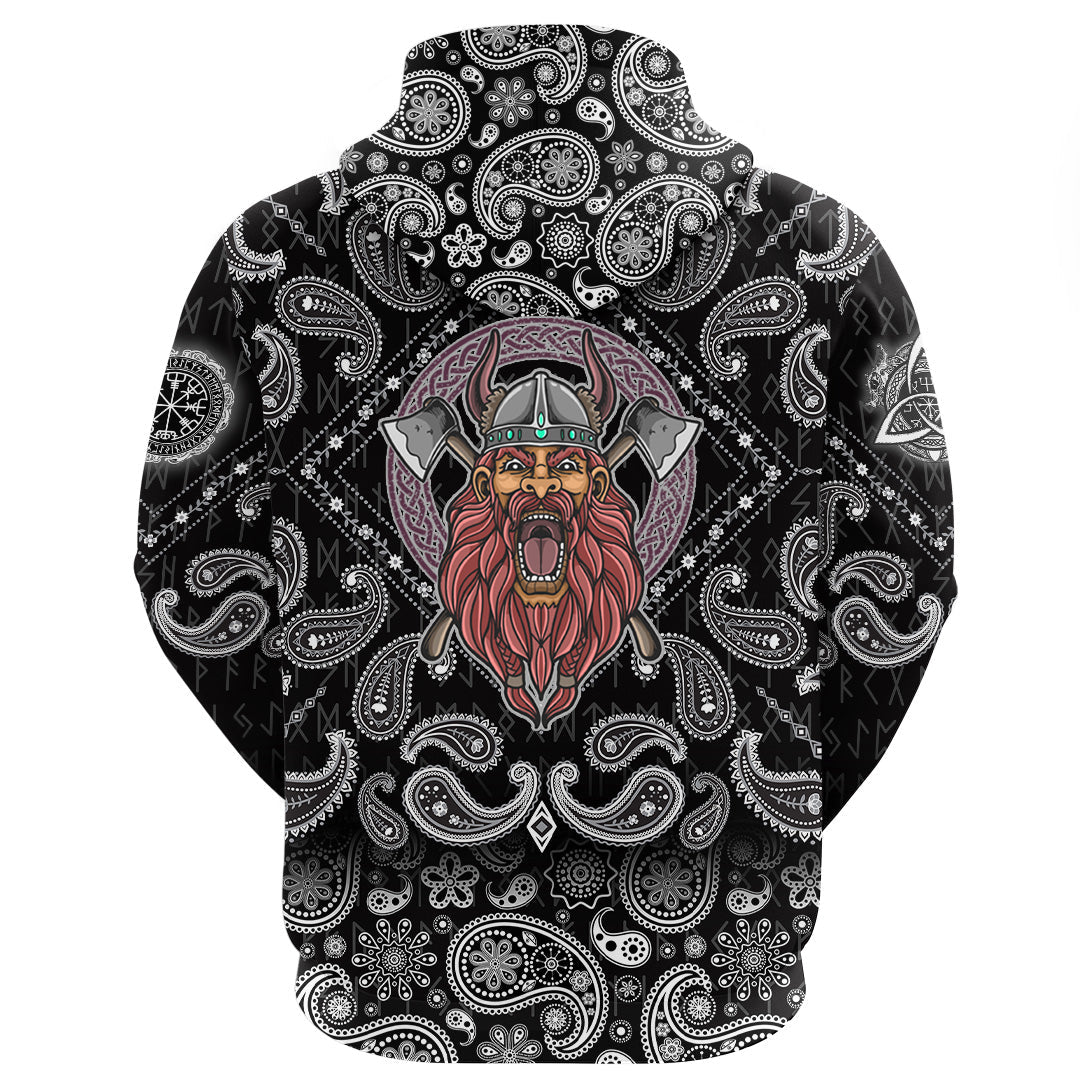 Viking Hoodie Barbarian Head With Cross Axe with Bandana Paisley Style RLT12
